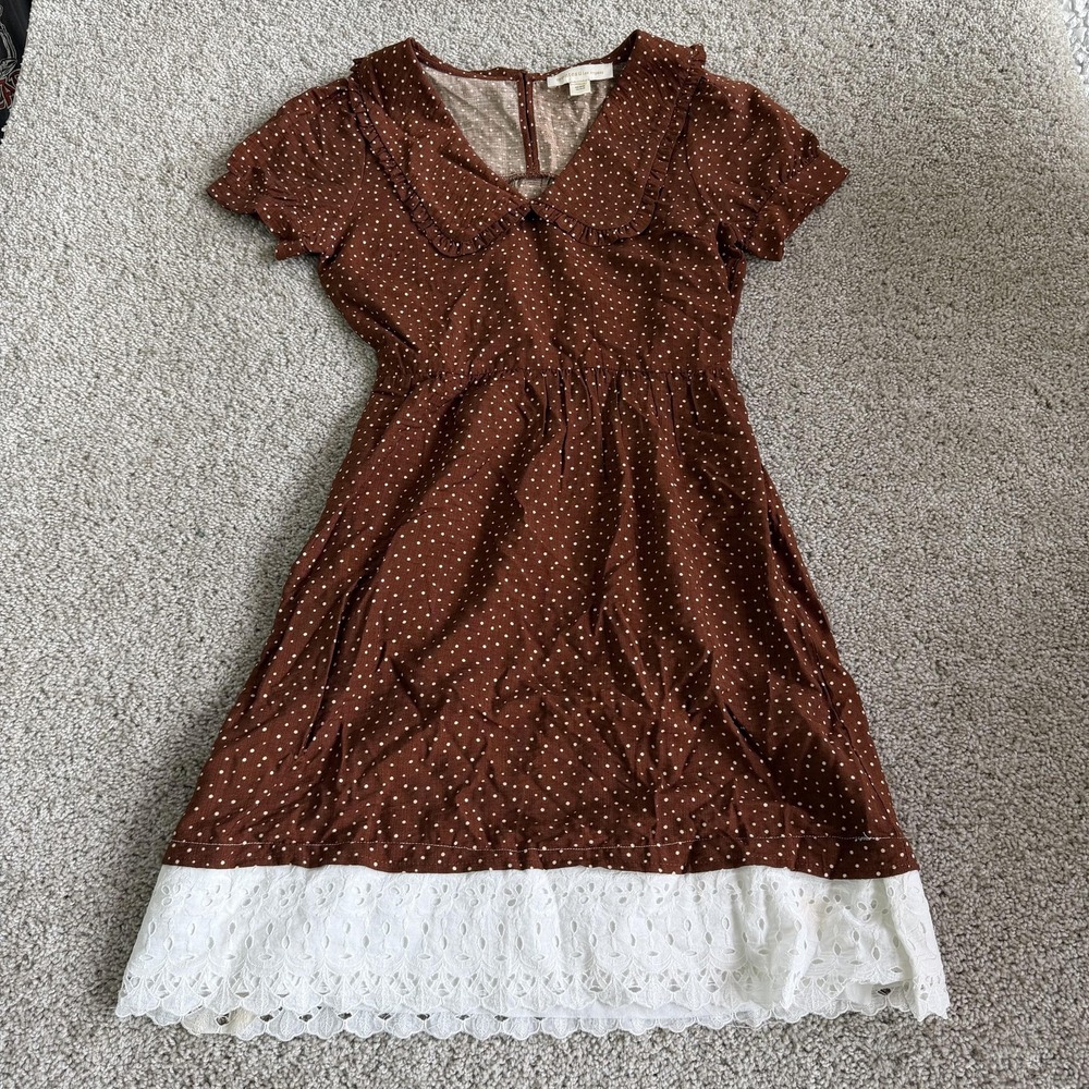 Monteau Dress Womens Small Polka Dot Fit Flare Short Sleeve Collared Lace Hem